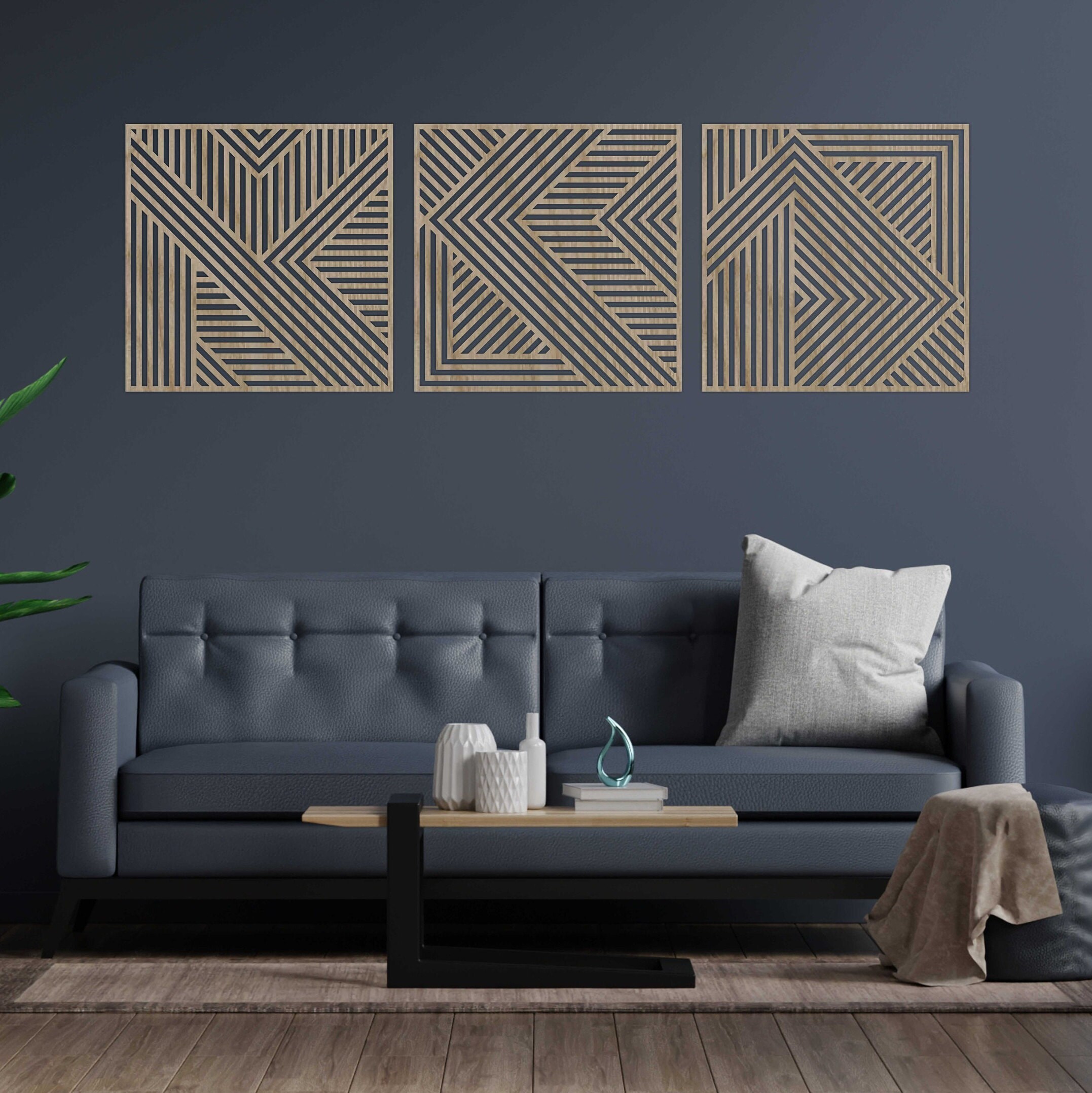 Wood Wall Art Set of 3 Geometric Wood Lines Panel Bedroom Living Room ...