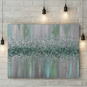 Glitter Glass Painting, Glitter Painting, Moss Green and Teal Art, Silver Glitter Art, Abstract Painting, Abstract Art, Wall Decor