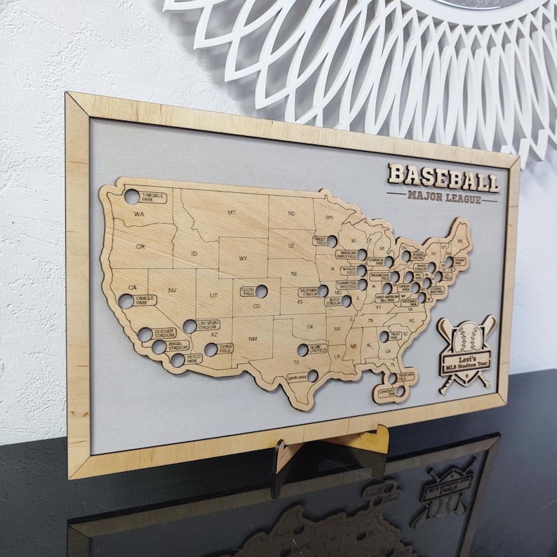 MLB Stadium Map, Baseball stadium map, Pro baseball stadium tracker, Baseball gift, Stadium travel map, Personalized gift, Gift for him Light gray