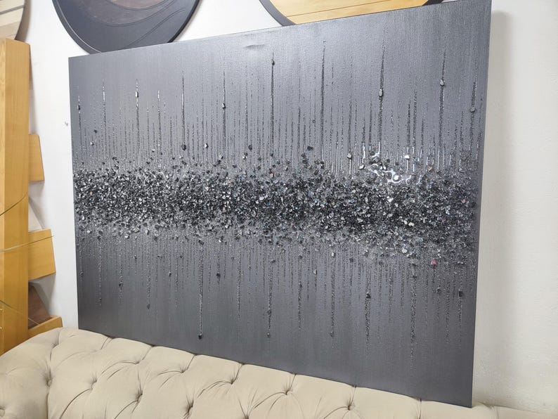 Silver Black Glitter Glass Painting, Glitter Painting, Glitter Art, Black Glitter Art, Abstract Painting, Abstract Art, Wall Decor image 2