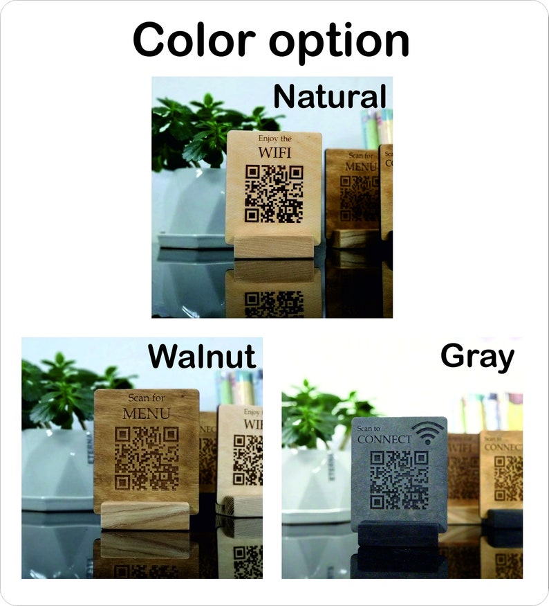 Puede incluir: Tres letreros de madera para mesa con diferentes opciones de color: natural, nogal y gris. Cada letrero tiene un c&oacute;digo QR y texto. El letrero natural dice "Enjoy the WIFI". El letrero de nogal dice "Scan for MENU". El letrero gris dice "Scan to CONNECT".