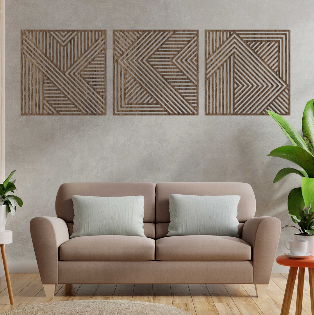 Wood Wall Art Set of 3 Geometric Wood Lines Panel Bedroom Living Room ...