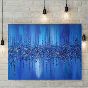 Glitter Glass Painting, Glitter Painting, Glitter Art, Silver Glitter Art, Cobalt and Royal Blue Abstract Painting, Abstract Art, Wall Decor