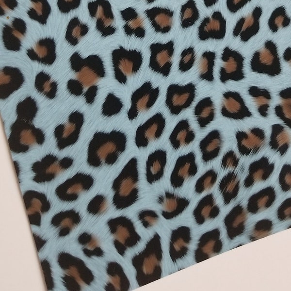 GLOSSY CHEETAH- BLUE leather smooth faux leather sheet,8x11 faux leather,animal print vegan leather, faux fake leather,patent leather fabric