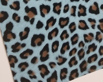 GLOSSY CHEETAH- BLUE leather smooth faux leather sheet,8x11 faux leather,animal print vegan leather, faux fake leather,patent leather fabric