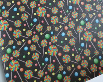 CLOSEOUT: Dark CANDY LADY custom faux leather sheets, 8x11 faux leather, lollipops material, candy fabric, faux leather, vegan leather