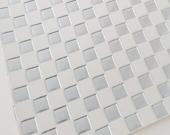 CLEARANCE:Imperfect CHECKERED SILVER & White,race flag faux leather sheet,8x11 faux leather,Silver w/ white faux leather,white vegan leather