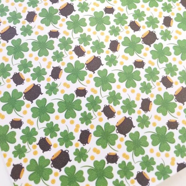 GOLD COINS CLOVERS faux leather sheet, 8x11 custom faux leather, 4 leaf clover material, 4 leaf clover faux leather sheets, St Patricks day