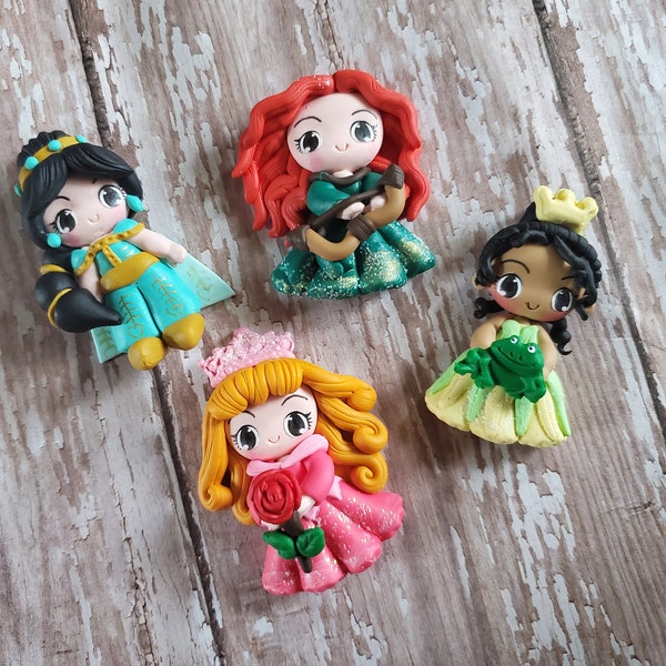 CLAYS:  PRINCESS Set 002, clay doll, clay dolls, bow centerpieces, clay center for bows, bow center, Jasmine, Tiana, Merida, Sleeping Beauty