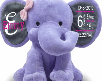 Elefante con estadísticas de nacimiento, elefante con anuncio de nacimiento, peluche con estadísticas de nacimiento, regalo de elefante con estadísticas de nacimiento, regalo para bebé recién nacido, regalo para bebé
