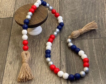 Patriotic wooden bead garland, patriotic farmhouse beads, patriotic tier tray decor, 4th of July beaded garland, farmhouse wooden beads
