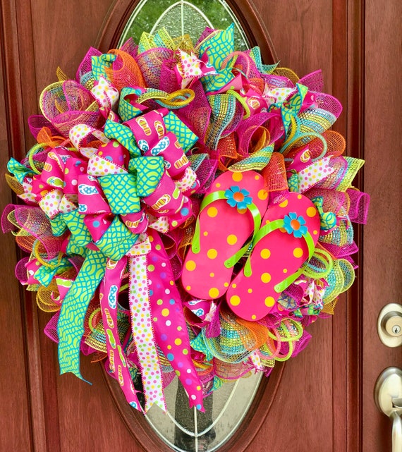 Summer Wreath Summer Flip Flop Wreath Mesh Summer Door Etsy