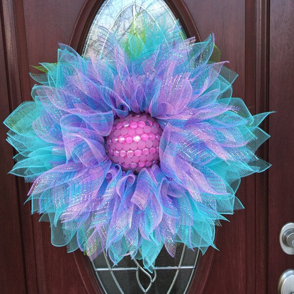Deco mesh flower wreath, spring flower wreath, summer wreath, spring wreath, deco mesh wreath, flower wreath, Mother's Day gift, door decor
