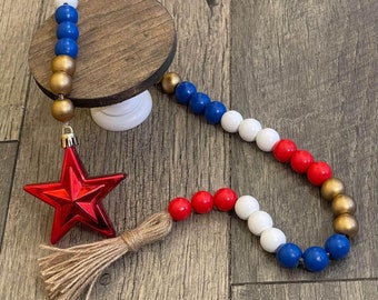Patriotic farmhouse bead garland, patriotic wooden beads, patriotic tier tray decor, 4th of July beaded garland, farmhouse wooden beads