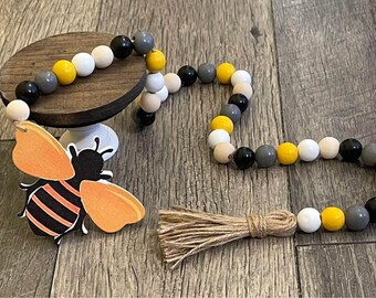 Farmhouse bee wood bead garland, bumble bee farmhouse decor, tier tray decor, bee farmhouse garland, wooden bead garland, Rae Dunn inspired