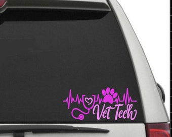 May include: Pink vinyl decal with a stethoscope, a heart, a paw print, and a heartbeat line. The text "Vet Tech" is below the graphic.