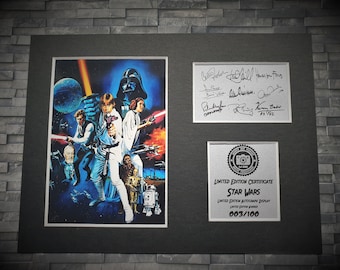 May include: A framed Star Wars poster featuring a scene from the original movie. The poster is signed by the cast members, including Mark Hamill, Carrie Fisher, Harrison Ford, and others. The poster is numbered 003/100, indicating it is a limited edition print.