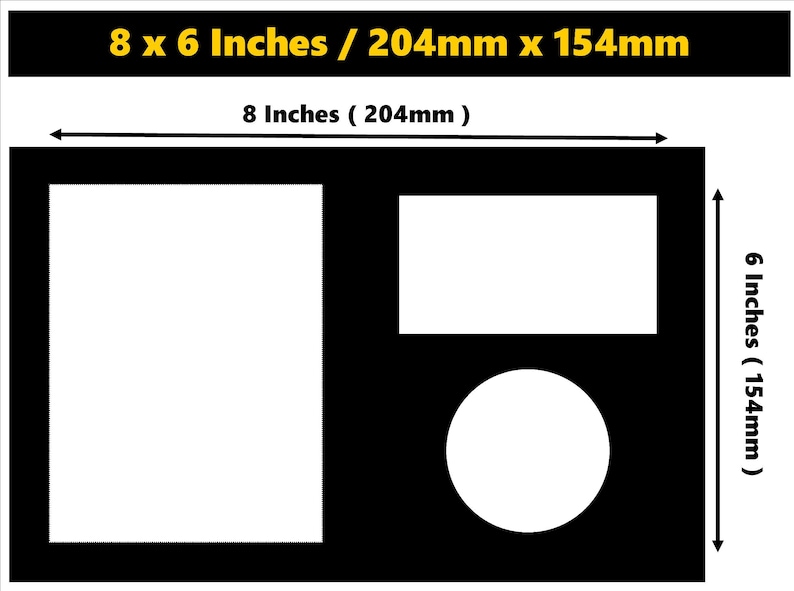 May include: Black mat with three cutouts for displaying items. The mat measures 8 inches by 6 inches (204 mm by 154 mm).