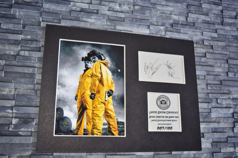 May include: Framed print showing two figures in yellow hazmat suits, set against a smoky backdrop. Includes signatures and a limited edition certificate numbered 007/100. The artwork is mounted on a black background.