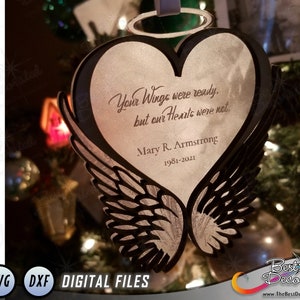 Ornement commémoratif d’aile d’ange FICHIER NUMÉRIQUE, avec halo et empreinte de cœur ou de patte. Pour la découpe laser, ou cricut et silhouette