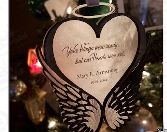 Adorno conmemorativo del ala de ángel ARCHIVO DIGITAL, con halo y huella de corazón o pata. Para corte por láser, o cricut y silueta.