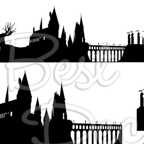 Magic School Castle, village Silhouette and skyline. Digital file of wizard castle theme scene. Witch craft town