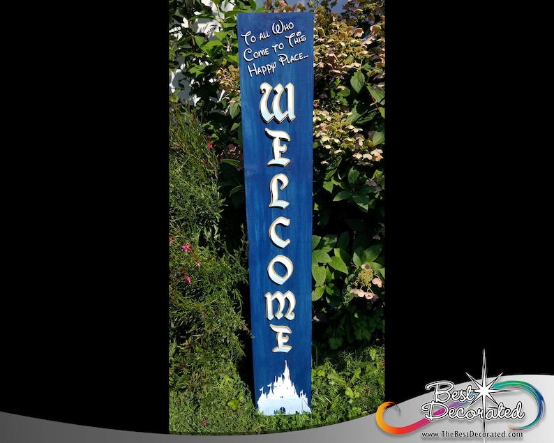 featuring the magic castle with stars Welcome leaning wood Porch Sign with enchanted royal lettering