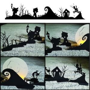 Cauchemar de Noël, ville d'Halloween bricolage debout village de papier, silhouette, ligne d'horizon, fichier numérique, svg pour cricut dxf png