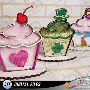 File digitale per cupcakes a clessidra Snowglobe, per San Valentino, giorno di San Patrizio, compleanni e Pasqua. SVG DXF PDF Png