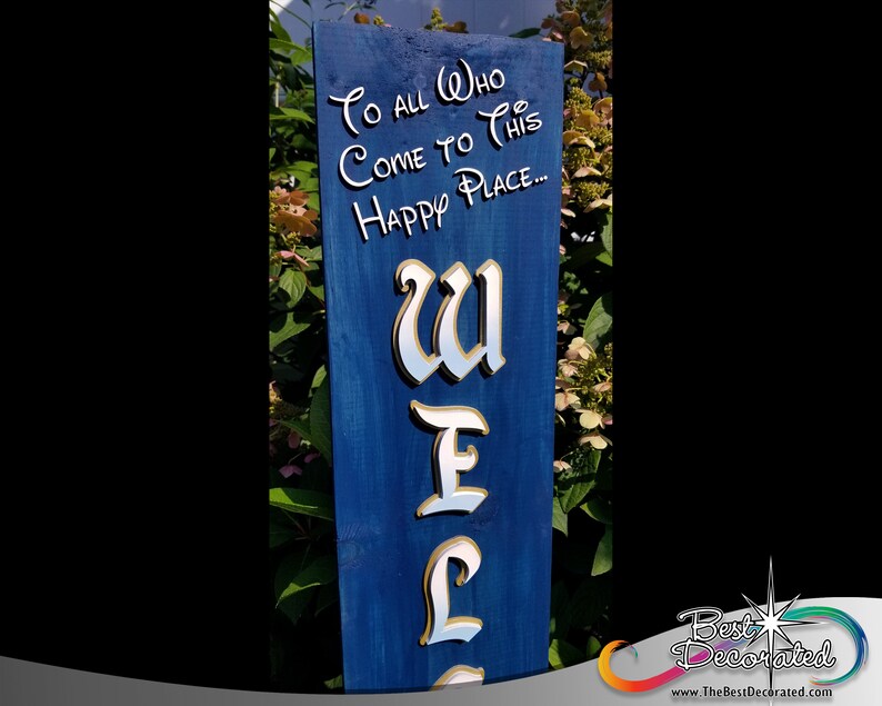 featuring the magic castle with stars Welcome leaning wood Porch Sign with enchanted royal lettering