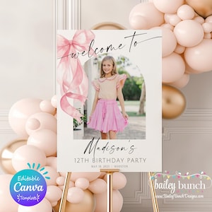 Szablon powitalny na urodziny, edytowalny, cyfrowy do pobrania z Canva, dekoracja wejścia na imprezę, różowa kokardka, kokietka, estetyczna nastolatka