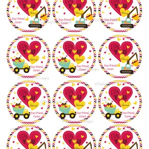 May include: Printable Valentine's Day toppers featuring a red heart with "I Dig You" text, a yellow heart, and a construction vehicle. The design includes the text "Your Friend, Carter" and a decorative border.