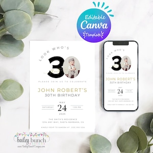 30th Birthday Invitation: Photo, Minimalist Design (Canva Template 5x7)