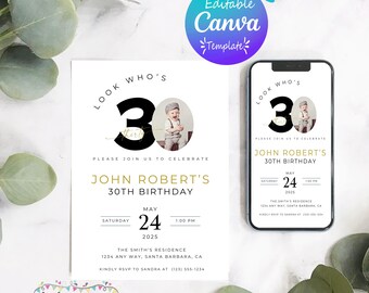 30th Birthday Invitation: Photo, Minimalist Design (Canva Template 5x7)
