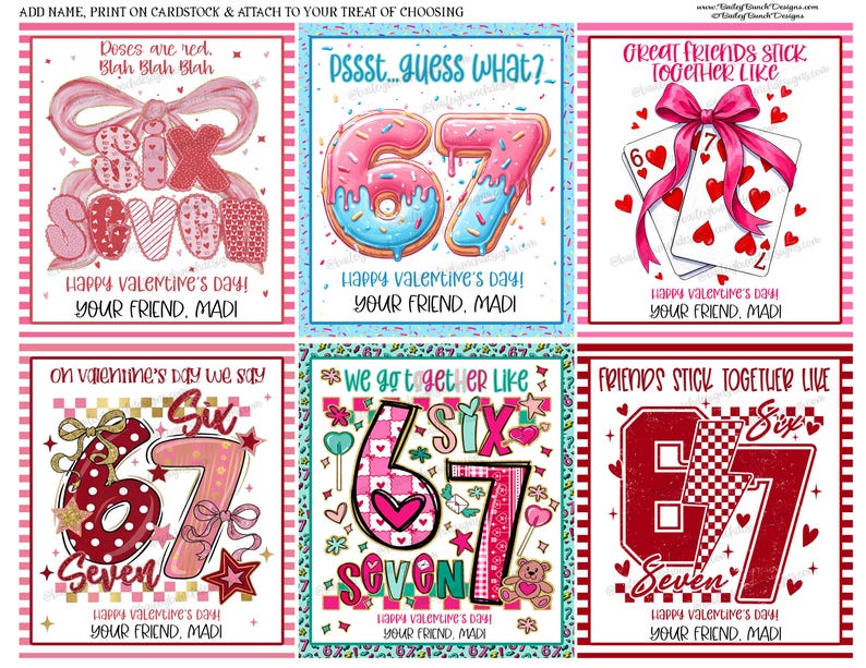 Six Seven Slang Valentine Cards for Kids, Girl Pink Funny Classroom ...