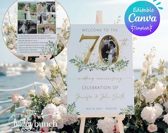 70th Anniversary Welcome Sign Canva Template: Photo Display, Editable (Digital Download)