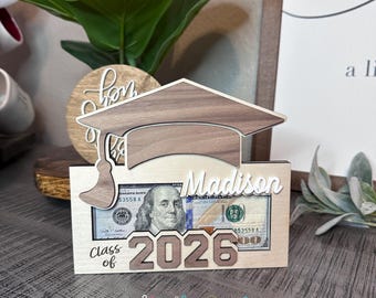 Graduation Gift Money Card Holder, Senior Graduation Money Card, Class of 2026, Custom Gift, Layered with Walnut & White Acrylic