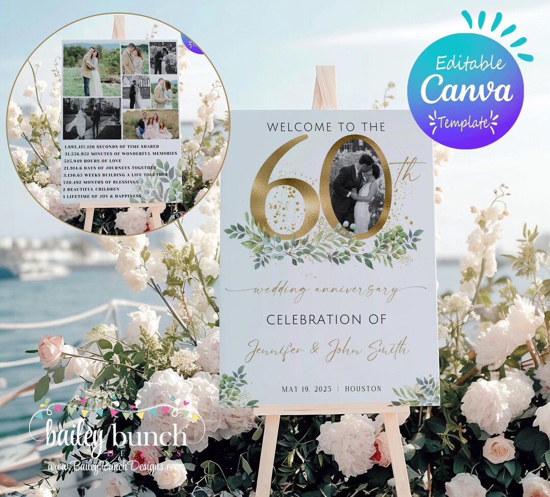 60th Anniversary Welcome Sign Canva Template: Editable Photo Display ...