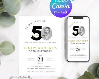 50th Birthday Invitation: Photo, Modern Minimalist Canva Template It’s a surprise (Digital Download)