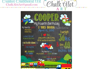 Transportation Birthday Chalkboard, Train Birthday, Birthday Poster, Truck Chalkboard, Plane, Bus First Birthday Chalkboard, Car, Milestone