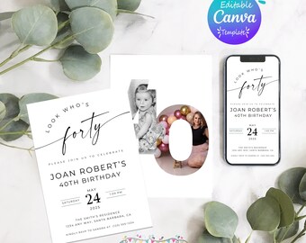 Minimalist 40th Birthday Invitation with Photo (Canva Template 5x7)