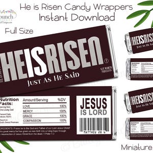 Etiquetas para envolver caramelos con la frase "Él ha resucitado" - Regalos de Pascua - Regalos para regalar - Jesús ha resucitado - Imprimibles HIRE05 - DESCARGA INSTANTÁNEA