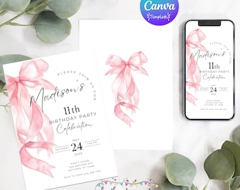 Pink Bow Birthday Invitation: Editable Tween 11th Birthday Party Invite (Canva Template Digital)