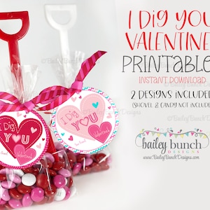 May include: Printable Valentine's Day gift tags featuring a red heart with the text "I Dig You!" and a pink heart with the text "Valentine's". The tags are attached to clear cellophane bags filled with red and pink candy hearts.