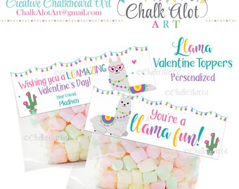 May include: Two clear cellophane bags filled with pastel marshmallows, each with a decorative card. The cards feature llama illustrations and text that reads "Wishing you a LLAMAZING Valentine's Day!" and "You're a llama fun!"