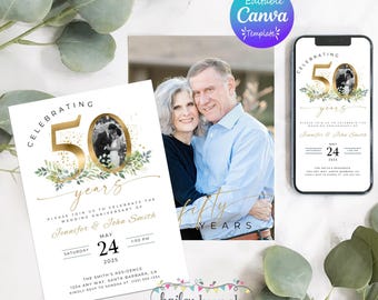 Golden Anniversary Invitation Digital Template Editable Invite Fiftieth Celebration Wedding Milestone Marriage Announcement Elegant Design