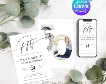 50th Birthday Party  Invitation Template: Photo, Simple, Modern (Canva Editable 5x7)