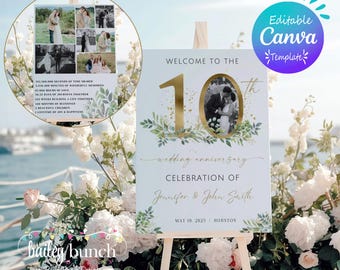 May include: A white wedding anniversary sign on an easel, featuring gold lettering and a photo. The sign reads "Welcome to the 10th wedding anniversary celebration of Jennifer & John Smith, May 19, 2025, Houston." A smaller photo collage is also visible.