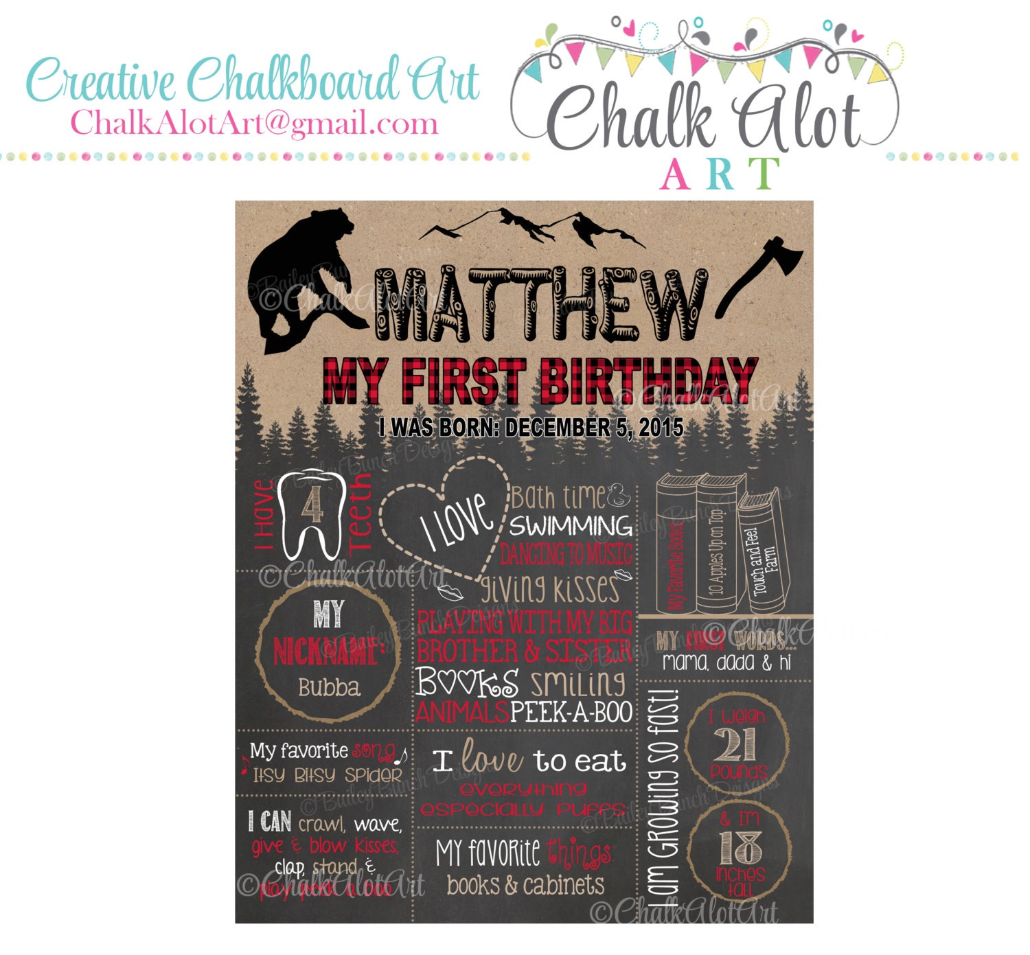 Lumberjack First Birthday Chalkboard Poster: Plaid Forest Theme