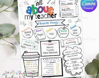 Teacher Favorite Things Worksheet: PTO PTA Teacher Appreciation Survey (Canva Template Digital Download)